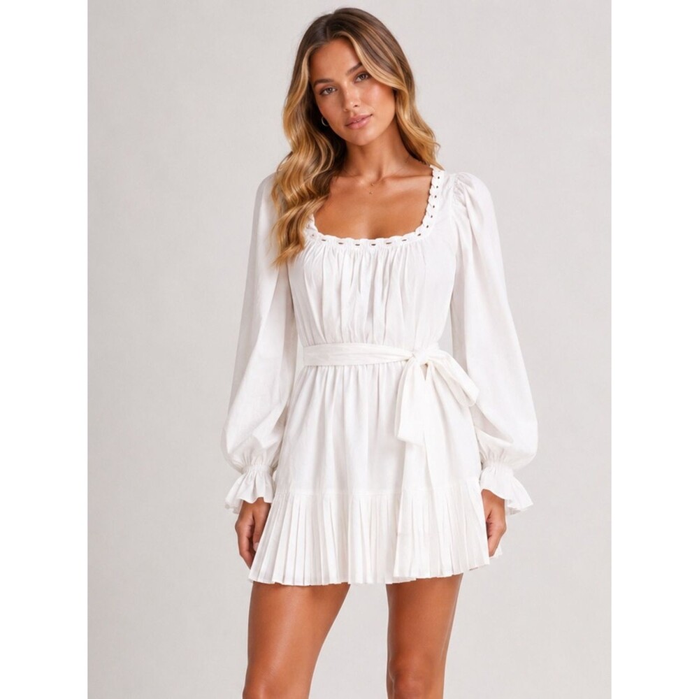 Ramy Brook Kayleigh Cotton Mini Dress Square Neck Belted Pleated White XXS NEW